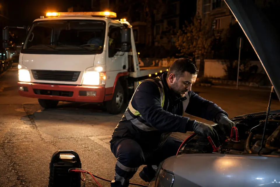 Gece bir aracın kaputu açık halde akü takviye kablolarını bağlayan yol yardım görevlisi