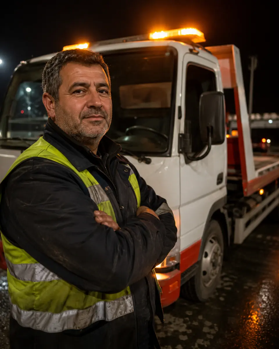 Çekicisinin önünde duran, reflektörlü yelekli oto kurtarma operatörü