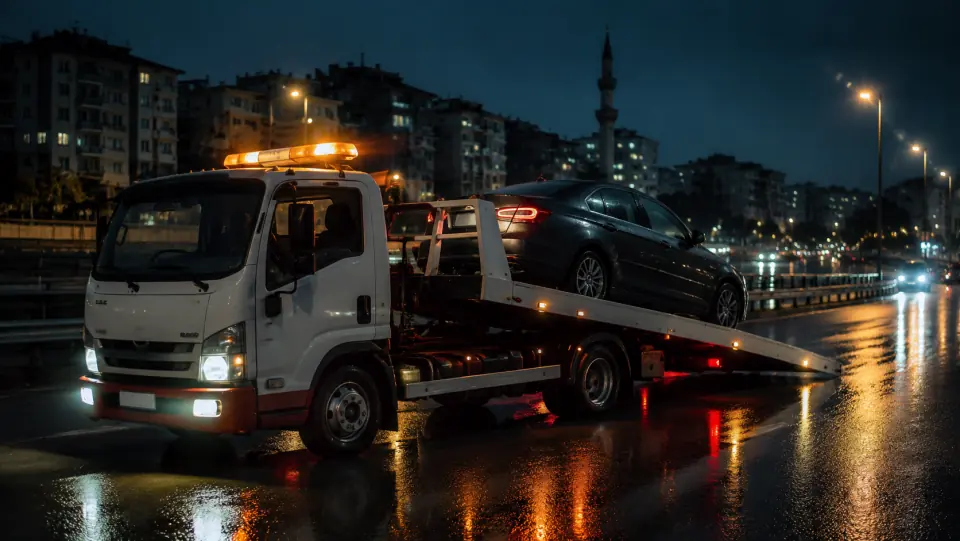 Çetin Oto Kurtarıcı'nın beyaz kayar kasa çekicisi, gece yağmurlu İstanbul yolunda bir binek aracı platforma yüklerken