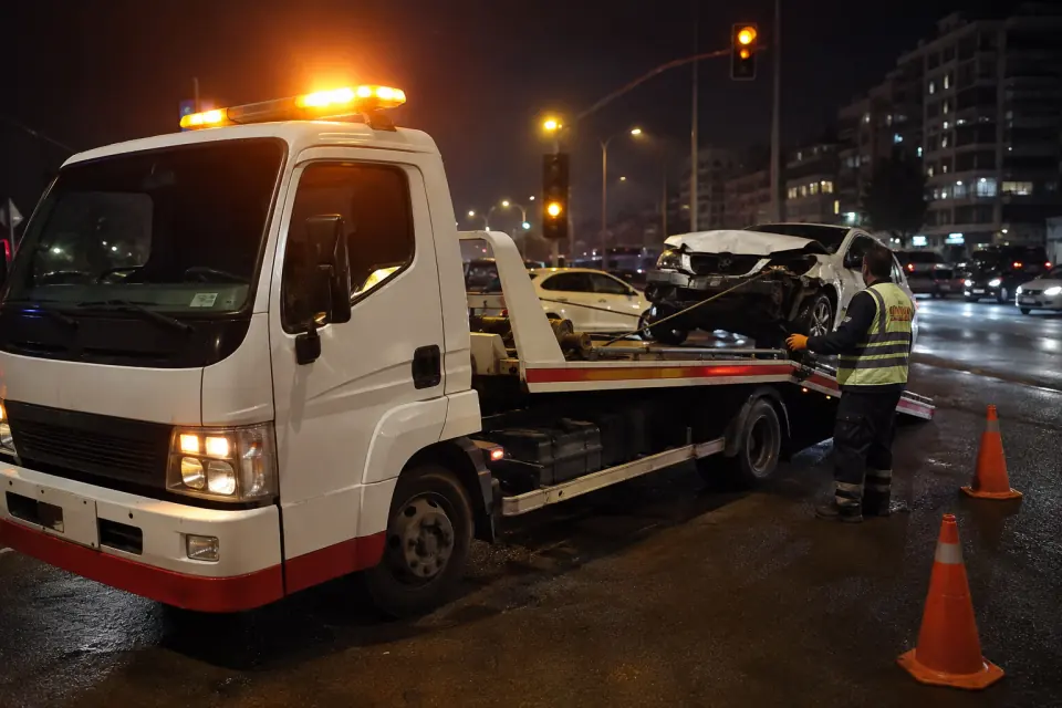 Kaza yapmış bir aracın vinç halatıyla kayar kasa çekicinin platformuna alınması