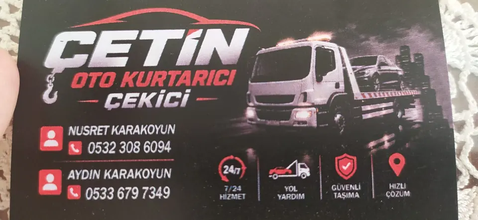 Çetin Oto Kurtarıcı kartviziti: 7/24 hizmet, yol yardım, güvenli taşıma ve hızlı çözüm